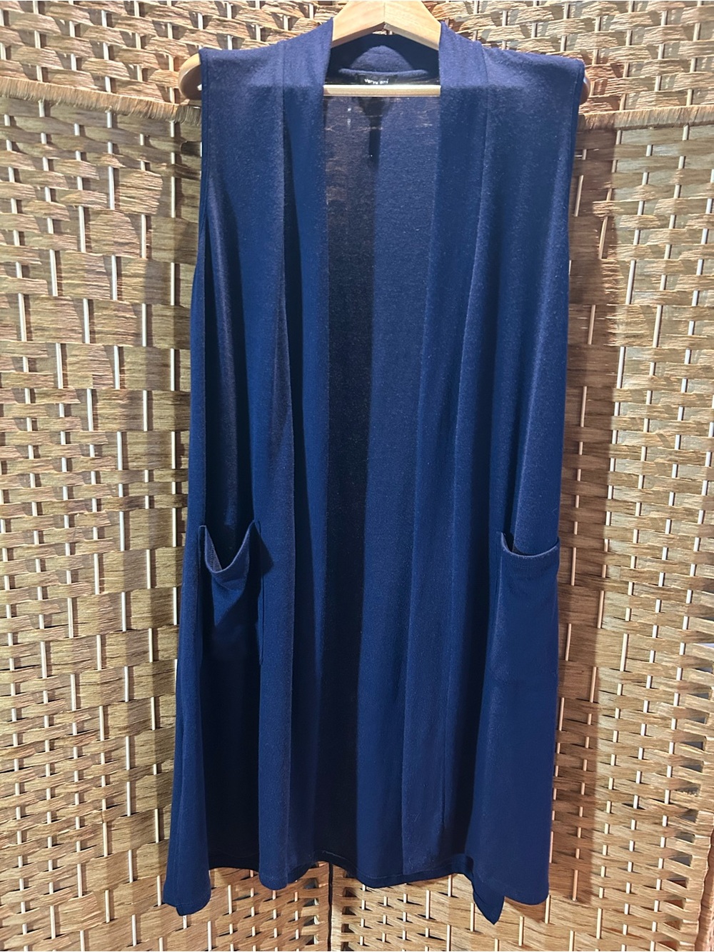 Navy Sleeveless Longline Duster Vest M Open Front Pockets Minimalist